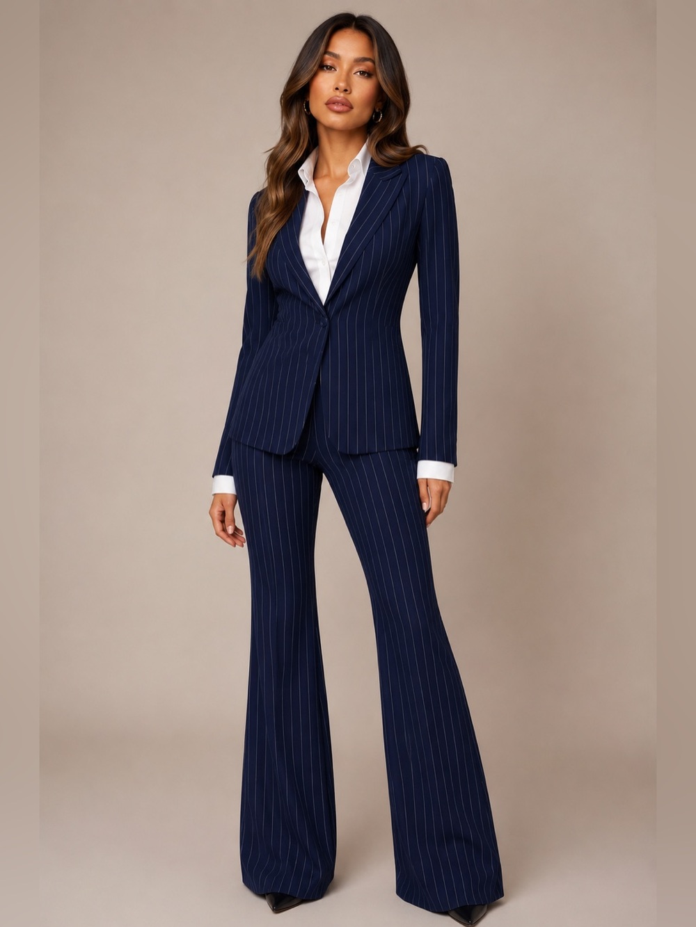 Fashion Nova Navy Pinstripe Blazer & Flared Pants Set nwt